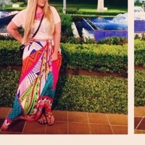 Size Large bohemian maxi skirt multicolor stretchy waist band and tie front